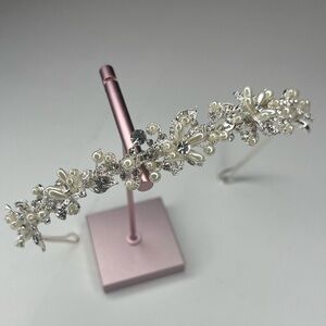 Silver rhinestone pearl bridal headband hair piece